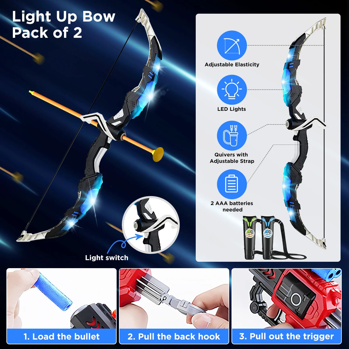 VATOS 2X Bow Arrow Toy Set With Night Light Archery Target Indoor For Kids