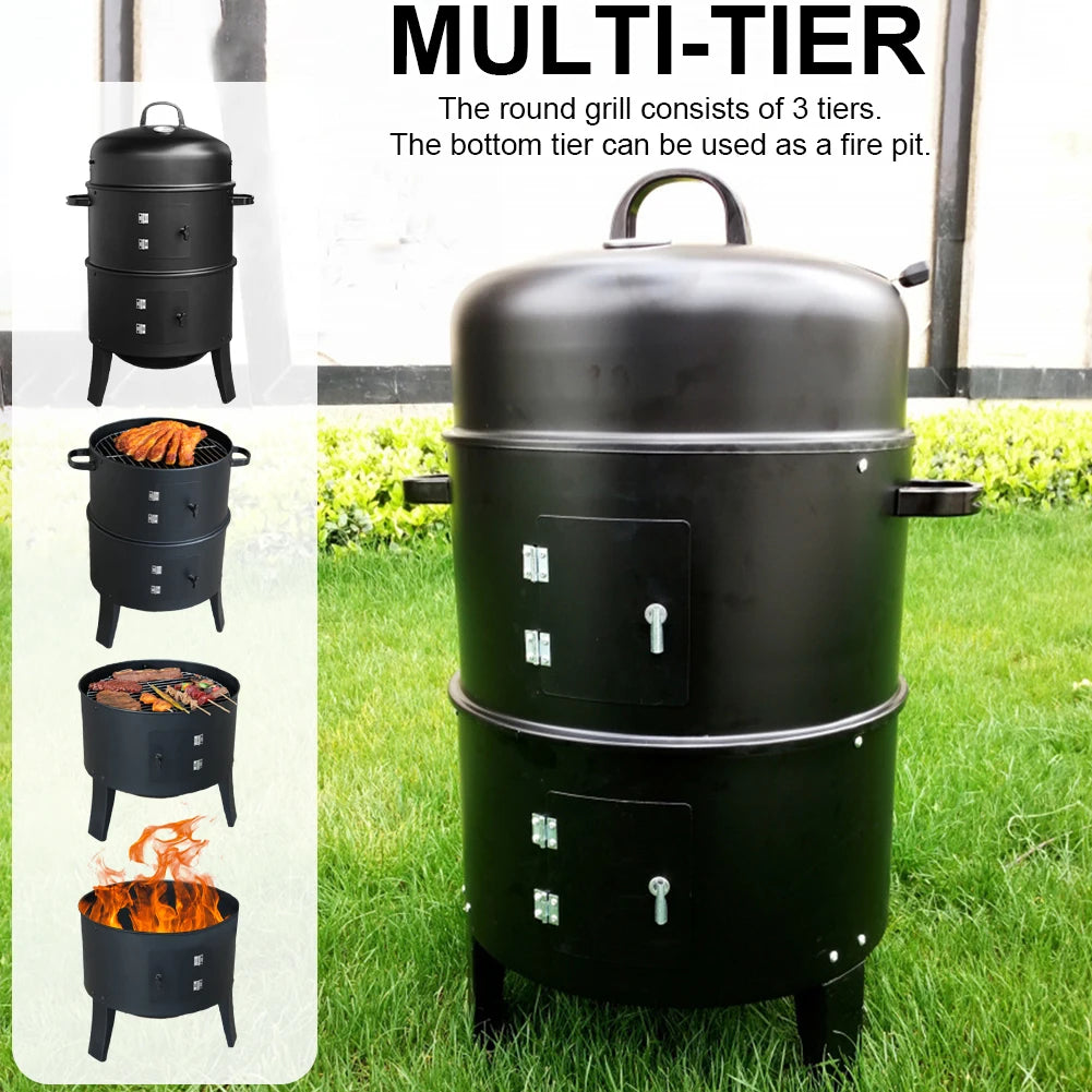 Vertical Charcoal Smoker With Built In Thermometer And Two Access Doors