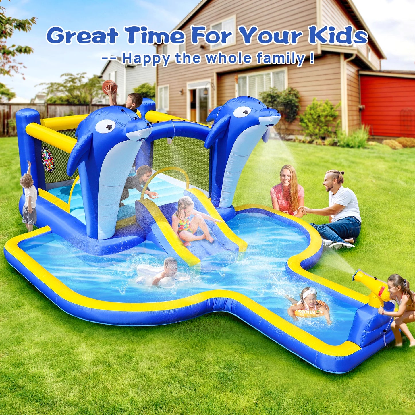 Turn your backyard into a splashy playground with the 8 In 1 Inflatable Water Slide Park Trampoline from elenxs.