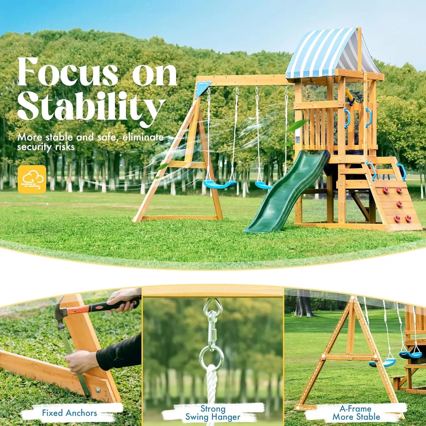Rolife Wooden Swing Set With Dual Swings Slide Climbing Wall Chalkboard Fort