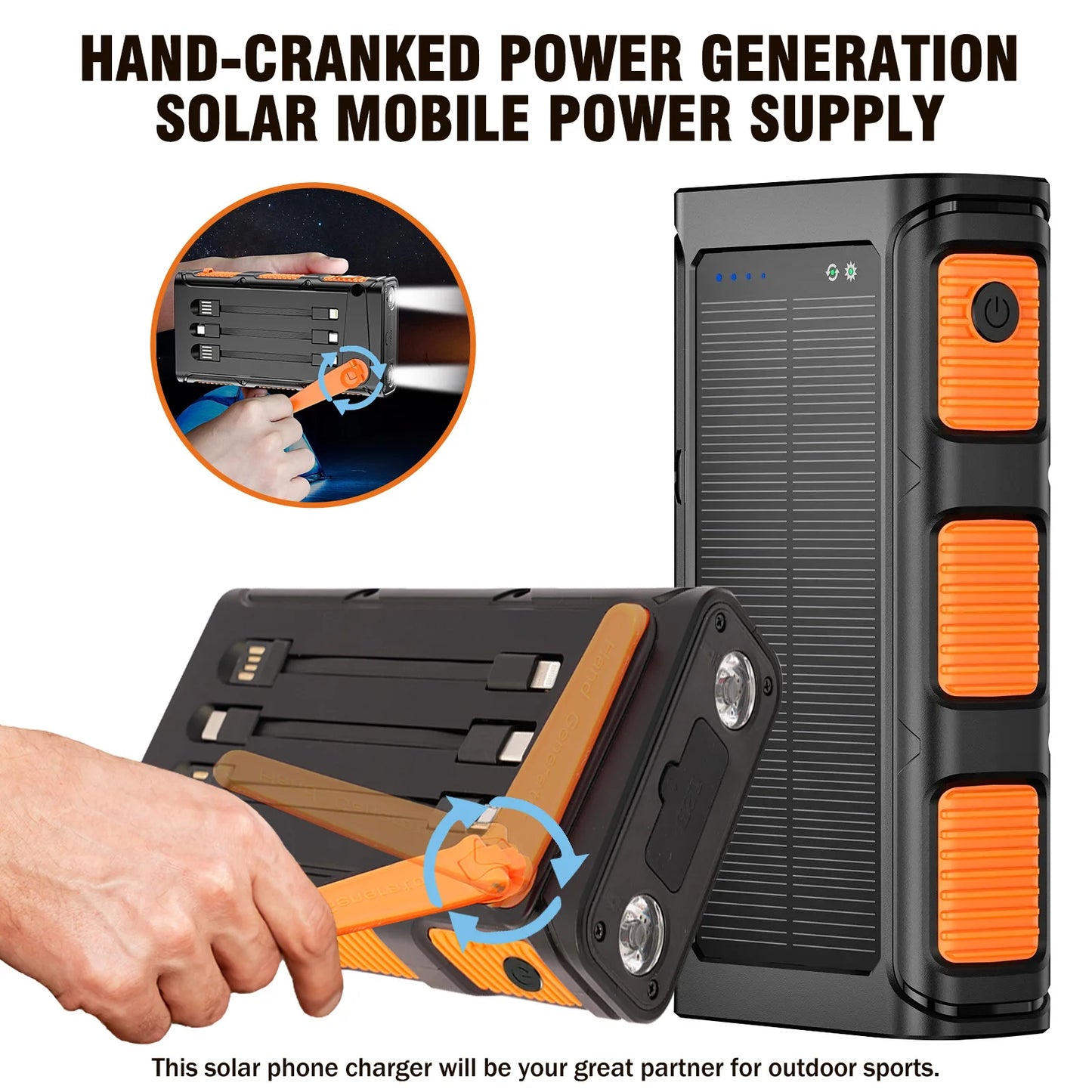 Power your adventures anywhere with this versatile solar power bank that combines portable charging, a hand crank, bright dual LED work lights, and rugged outdoor durability in remote locations.