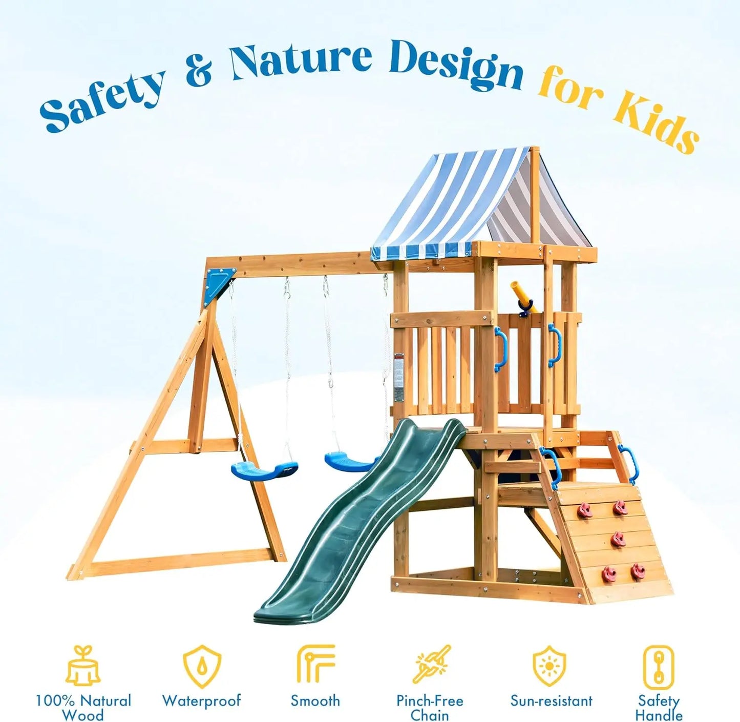 Rolife Wooden Swing Set With Dual Swings Slide Climbing Wall Chalkboard Fort