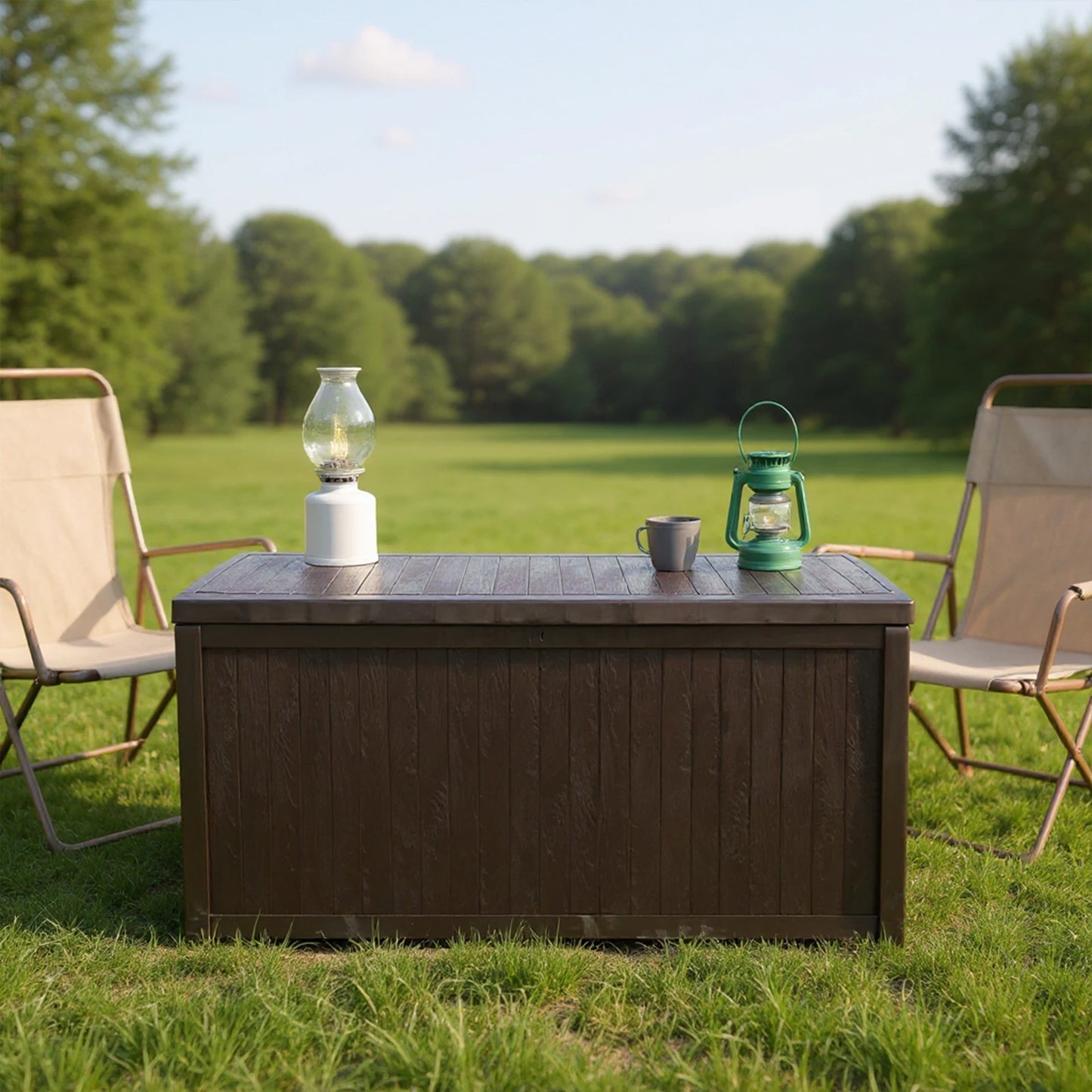 Lockable Waterproof Deck Box UV Resistant Outdoor Storage Organizer Wood Grain