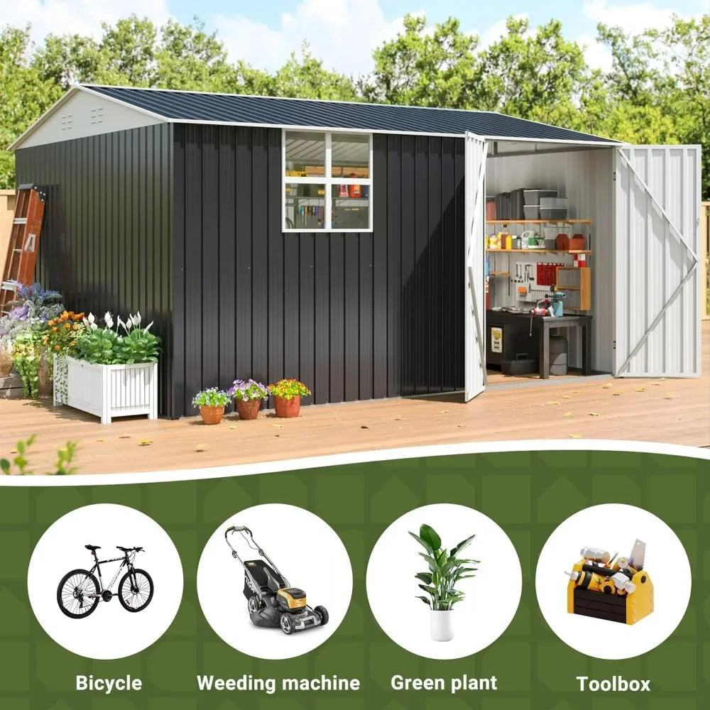 10x12 Ft Outdoor Storage Shed Metal Garden Shed With Lockable Doors