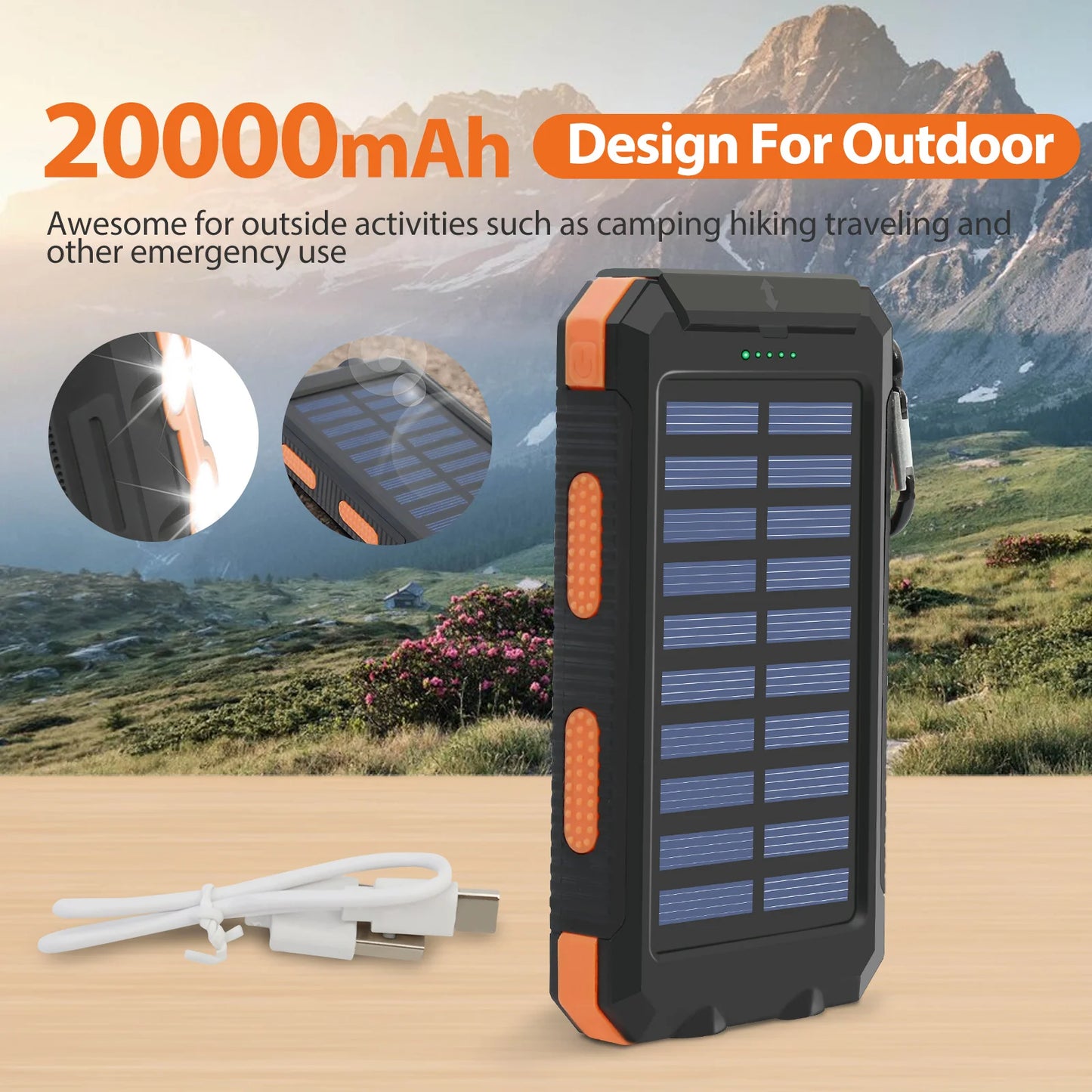 20000mAh Solar Power Bank Waterproof Portable Charger Dual USB LED Flashlight