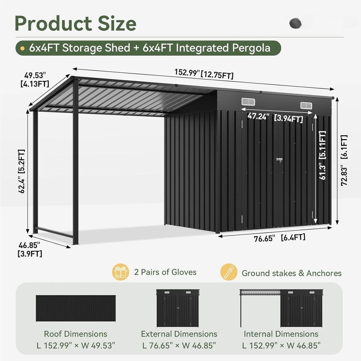 6x4ft Outdoor Storage Shed And Gazebo Combo With Open Sided Pergola 2in1