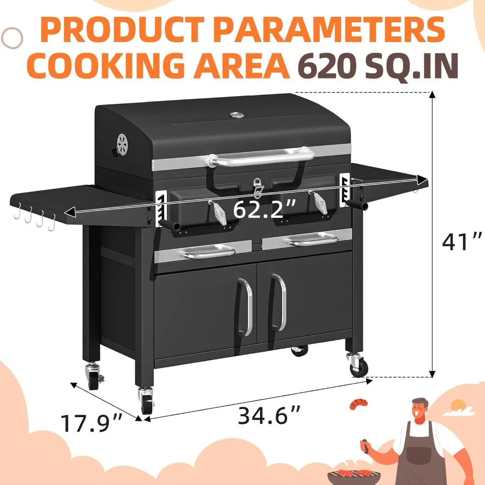 36 Inch Extra Large Charcoal Grill With Thermometer And Lifting Trays 620 Sq In
