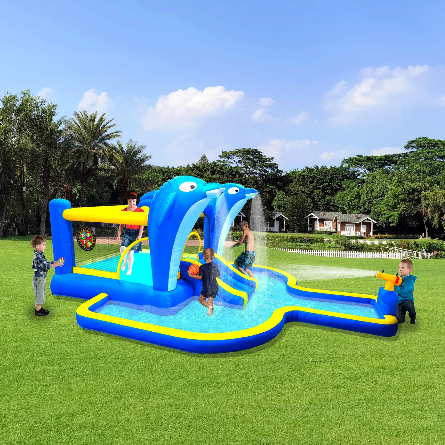Turn your backyard into a splashy playground with the 8 In 1 Inflatable Water Slide Park Trampoline from elenxs.