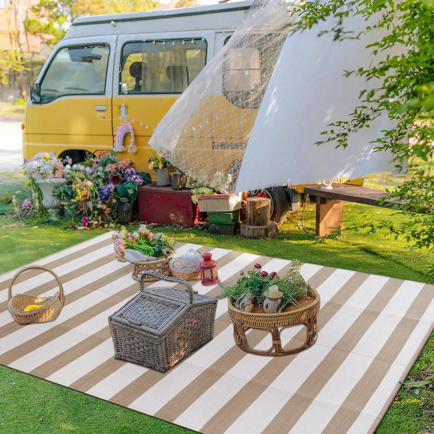 Outdoor Waterproof Patio Rug Beige Stripe Reversible 5x8 6x9 8x10 9x12