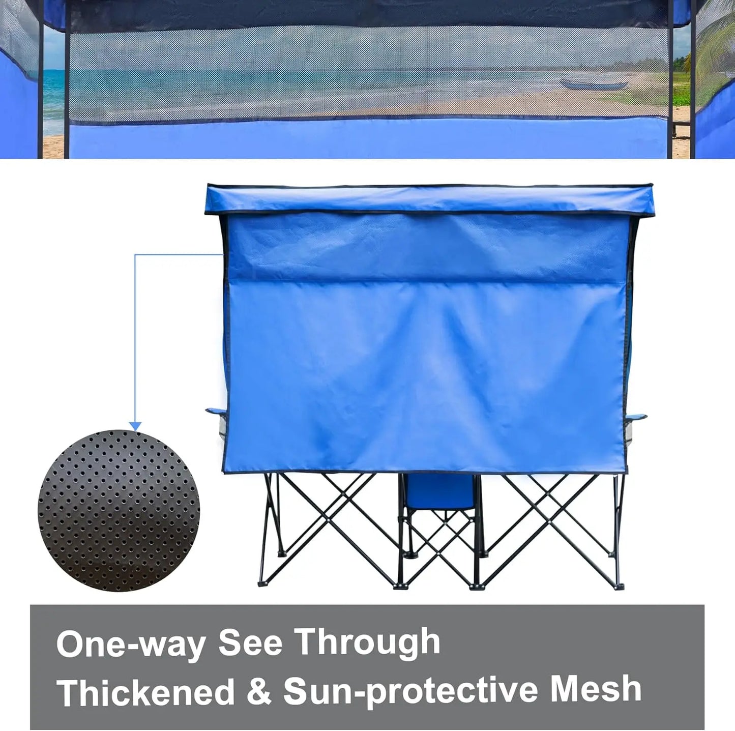 Double Beach Chair With Canopy Shade Cup Holder Heavy Duty Folding Lounge Chair