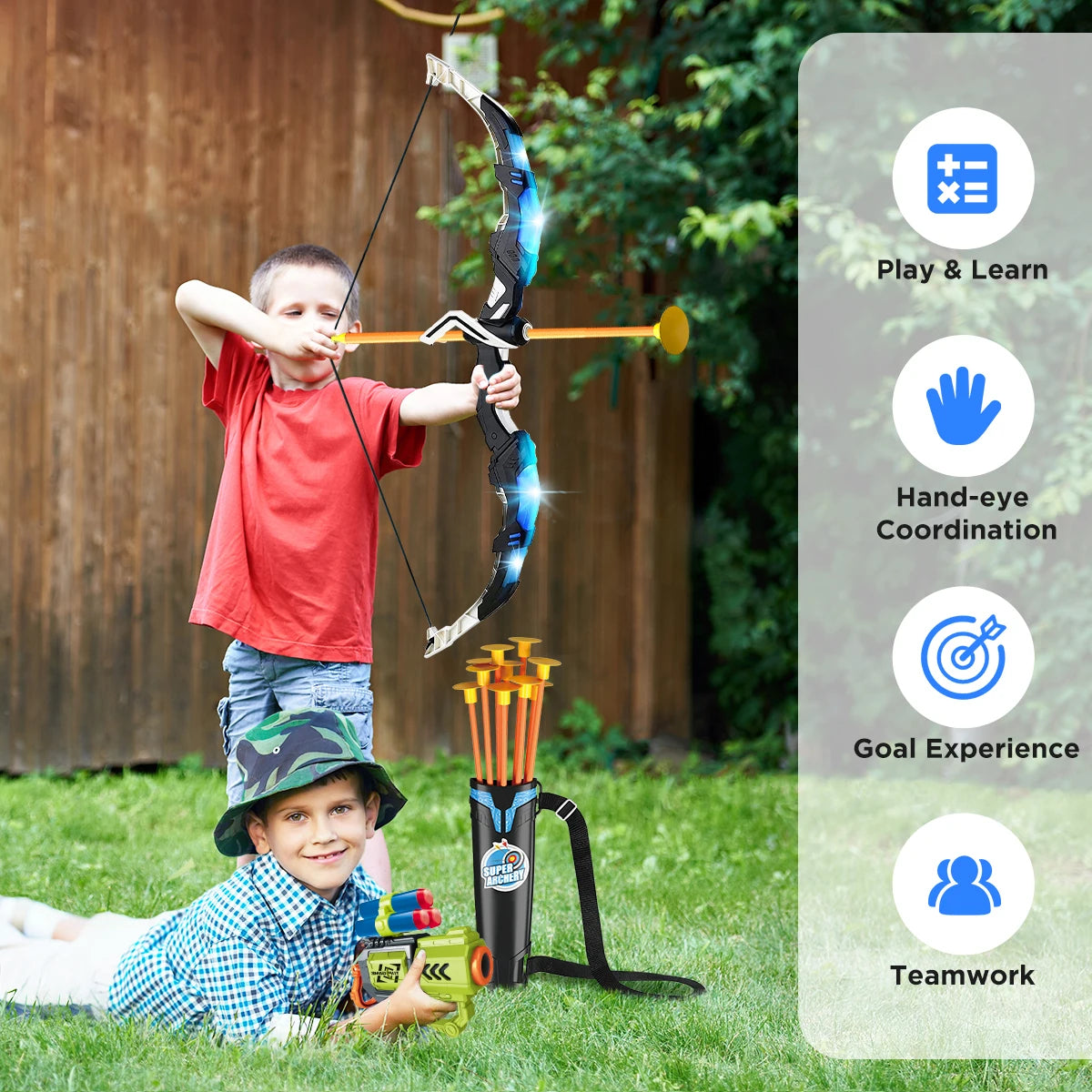 VATOS 2X Bow Arrow Toy Set With Night Light Archery Target Indoor For Kids